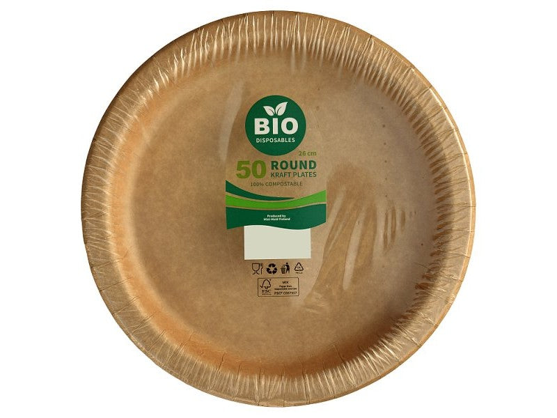 Bio Disposables 50 Round Kraft Plates 26cm ['ECO FRIENDLY' ] Case of 6 Bio disposable