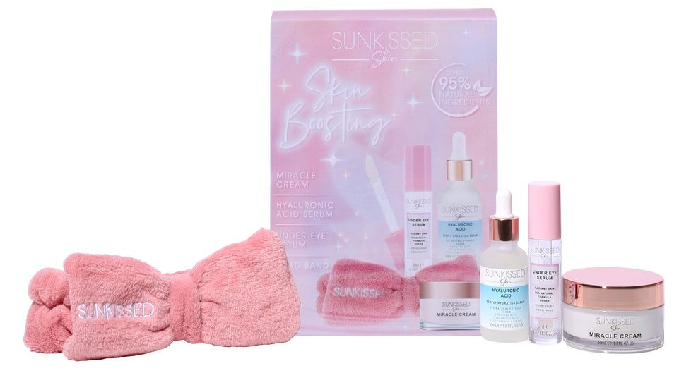 Sunkissed Skin Boosting Gift Set 50ml Miracle Cream + 6ml Under Eye Serum + 30ml Hyaluronic Acid Serum + Headband Sunkissed