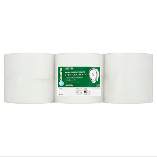 Clean Pro Mini Jumbo White 2 Ply 12 Toilet Rolls British Hypermarket-uk