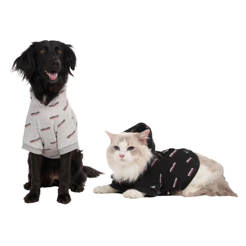 White Dog in Black Hoodie White Cat in Grey Hoodie Back of Black Hoodie Back of Grey Hoodie Measurements Product Label Composition Kirkland Signature Pet Logo Hoodie in 2 Colours and 4 Sizes Kirkland Signature