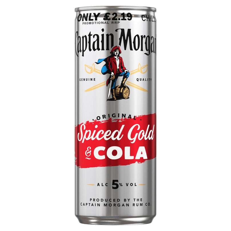 Captain Morgan Original Spiced Gold & Cola 5% vol 250ml PMP £2.19 Ready to Drink Premix Can Captain Morgan