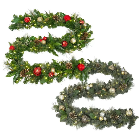 9ft (2.7m) Pre-Lit Decorated Garland with 100 Warm White LED Lights in Gold and Red christmas