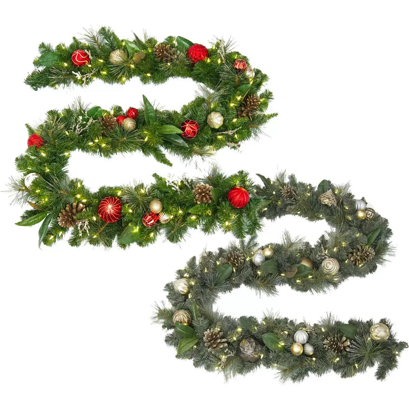 9ft (2.7m) Pre-Lit Decorated Garland with 100 Warm White LED Lights in Gold and Red christmas