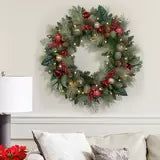 30" (76cm) Pre-Lit Decorated Wreath with 50 LED Lights Christmas